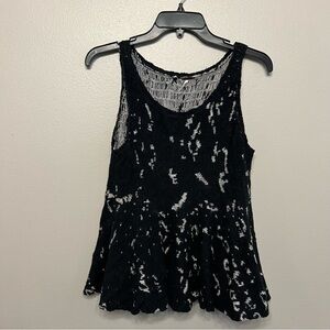 Free People Black White Flare Peplum Knit Minimalist Whimsical Abstract Top Sz s